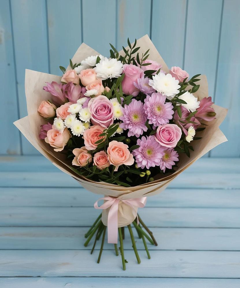 Букет цветов из: Хризантемы, Розы и Альстромерии в Бураево