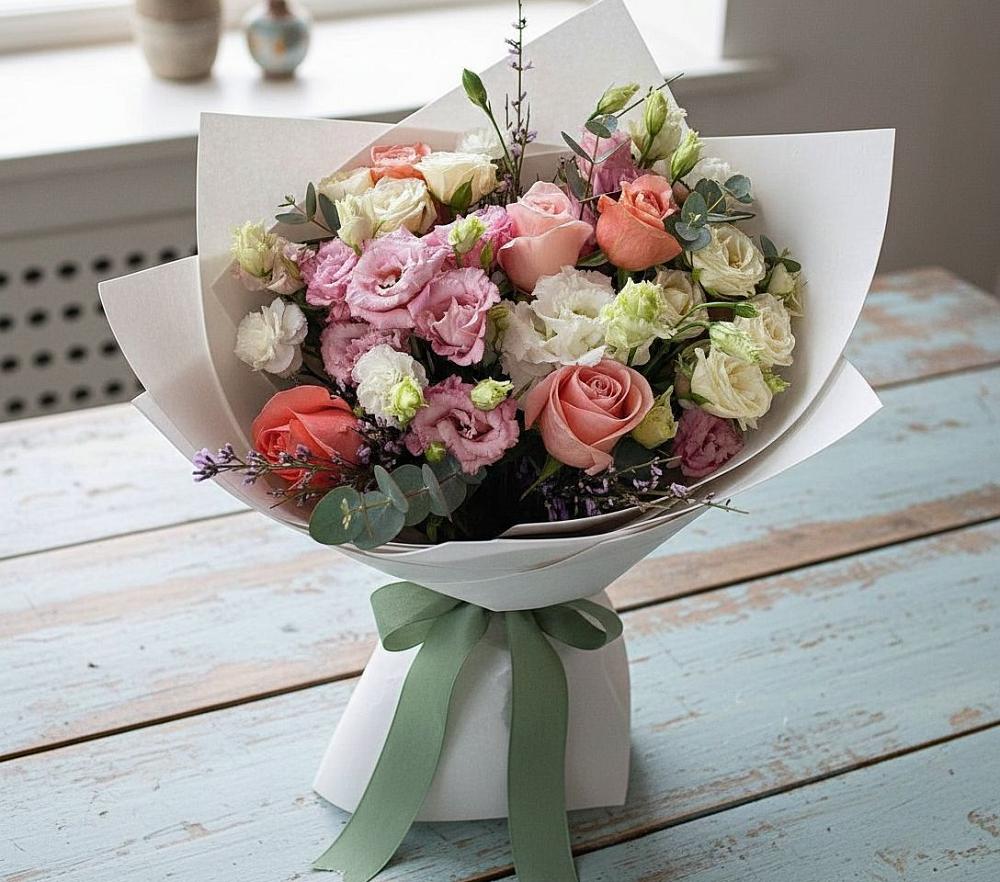 Букет цветов из: Розы, Лизиантусы и Гвоздики в Бураево