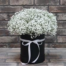 Цветочная композиция из Гипсофила в шляпной коробке в Бураево